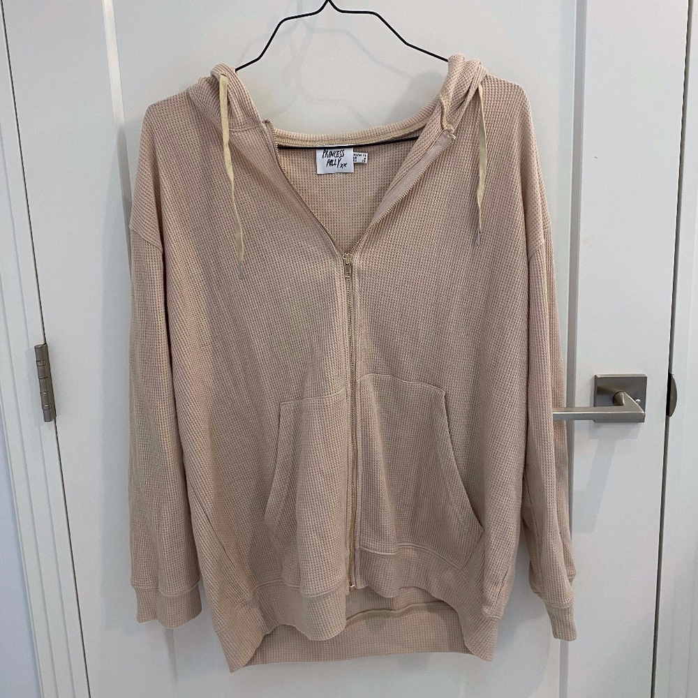 Princess Polly Oversized Beige Waffle Zip Up Hoodie
